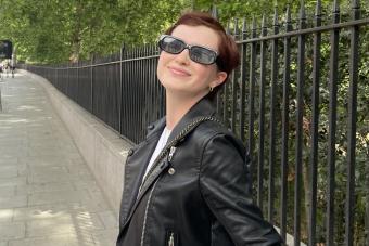 Madeline Thompson wearing sunglasses and a leather jacket