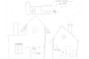 black and white drawing of two houses, with the title OUR TOWN above them