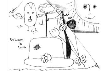 black and white drawing of a hat, bird, sun and flowers, with the words OUR TOWN and by: Christin and Quetta on it