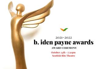 A gold B. Iden Payne Awards statuette with information about the 2021/2022 ceremony