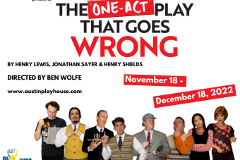 eight actors posing with confused/contemplative expressions below the title THE ONE-ACT PLAY THAT GOES WRONG