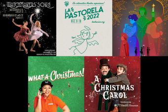 graphics for five holiday productions in Texas arranged next to each other