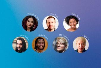 seven circular headshots for playwrights awarded Jerome and Many Voices Fellowships, arranged on a blue gradient background
