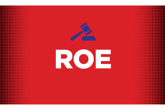 Red graphic with the title ROE and a purple gavel in the center