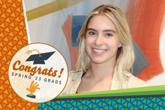 2023 dance graduate Haley Thomas smiles, with burnt orange and turquoise borders and the words CONGRATS SPRING 23 GRADS