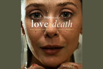 poster for the new TV show LOVE AND DEATH, featuring a close up on Elizabeth Olsen's face