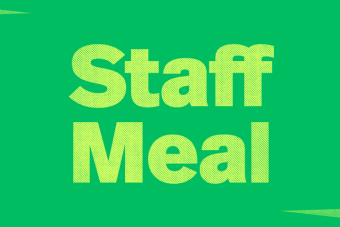 a green graphic for STAFF MEAL, with lighter green, off-kilter borders in the bottom right and top left corners