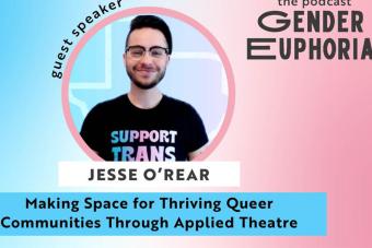 Light blue, white and pink graphic for the GENDER EUPHORIA podcast, with headshot for guest speaker Jesse O'Rear