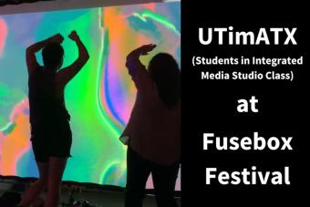 Two people dancing, silhouetted against vibrant projections, with the title UTimATX at Fusebox Festival next to them