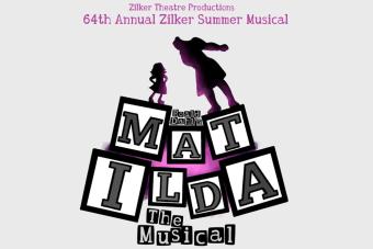 A graphic for ROALD DAHL'S MATILDA THE MUSICAL, featuring silhouettes of a little girl standing up to a large woman