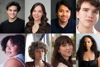 Eight headshots for the cast members of RIDE THE CYCLONE, organized in two rows of four