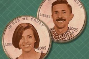 an illustration with two headshots of the hosts for PBS show, "Two Cents"