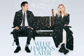 Kirk Lynn On New Film with Meg Ryan, What Happens Later. Pictured is the movie poster, with Meg Ryan and David Duchovny sitting next to each other on a bench.