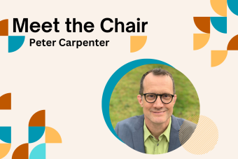 A graphic with colorful, curved elements on it, as well as the words MEET THE CHAIR PETER CARPENTER and Peter Carpenter's headshot