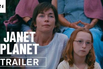 An image of a mother and daughter sitting next to each other, with the text JANET PLANET TRAILER layered over