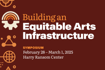 Burgundy and orange graphic for the Building an Equitable Arts Infrastructure Symposium