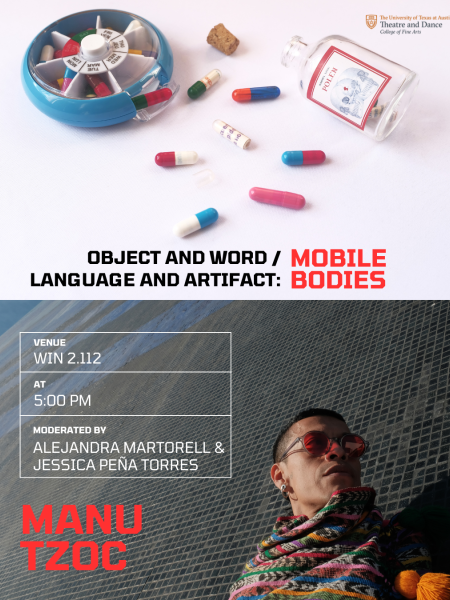 A graphic for an artist talk with Manu Tzoc Bucup about their work MOBILE BODIES: OBJECT AND WORD/LANGUAGE AND ARTIFACT