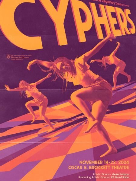 A purple, orange and yellow graphic for CYPHERS, featuring three figures dancing on a circle of multi-colored tiles