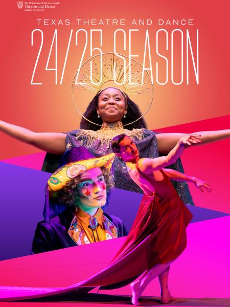 A vibrant graphic for the 24/25 Season featuring three performers wearing reds and purples