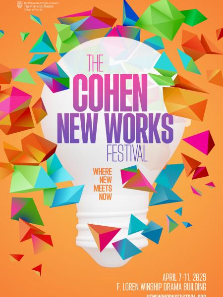 An orange graphic for THE COHEN NEW WORKS FESTIVAL, featuring a lightbulb and multicolored 3D elements